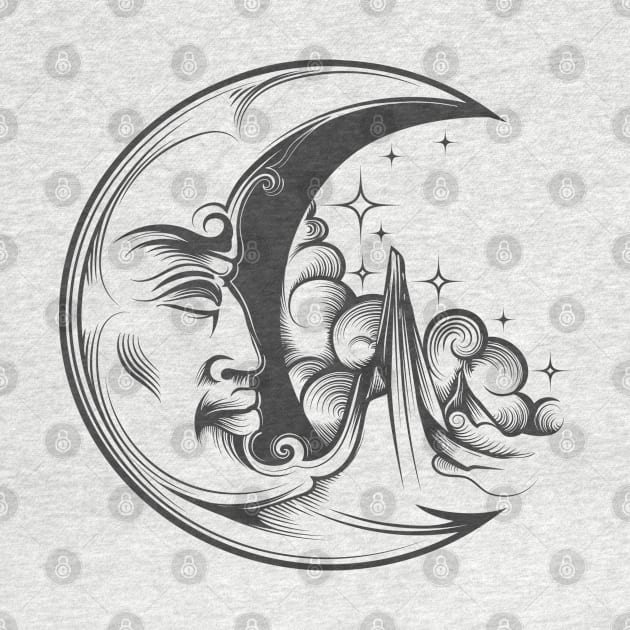 Crescent Moon with face Esoteric Symbol Engraving tattoo. by devaleta